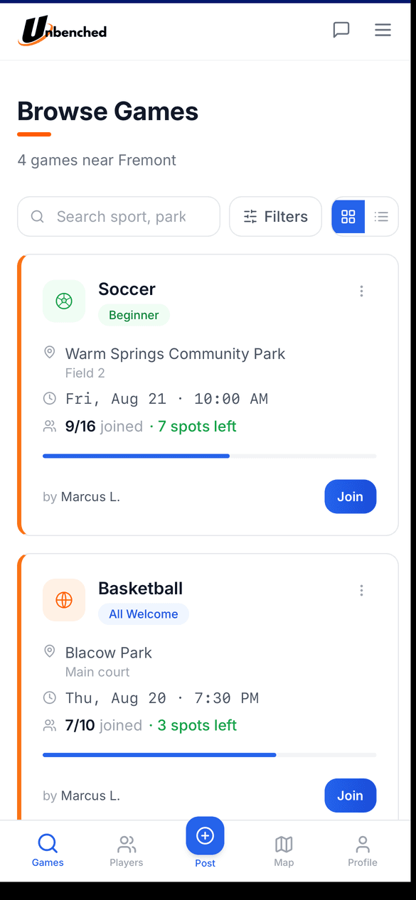 The Unbenched games list showing pickup games near Fremont with spots remaining