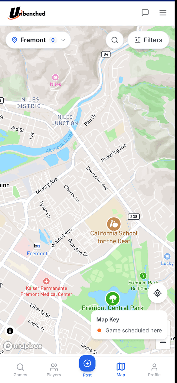 The Unbenched map showing games pinned at parks across Fremont